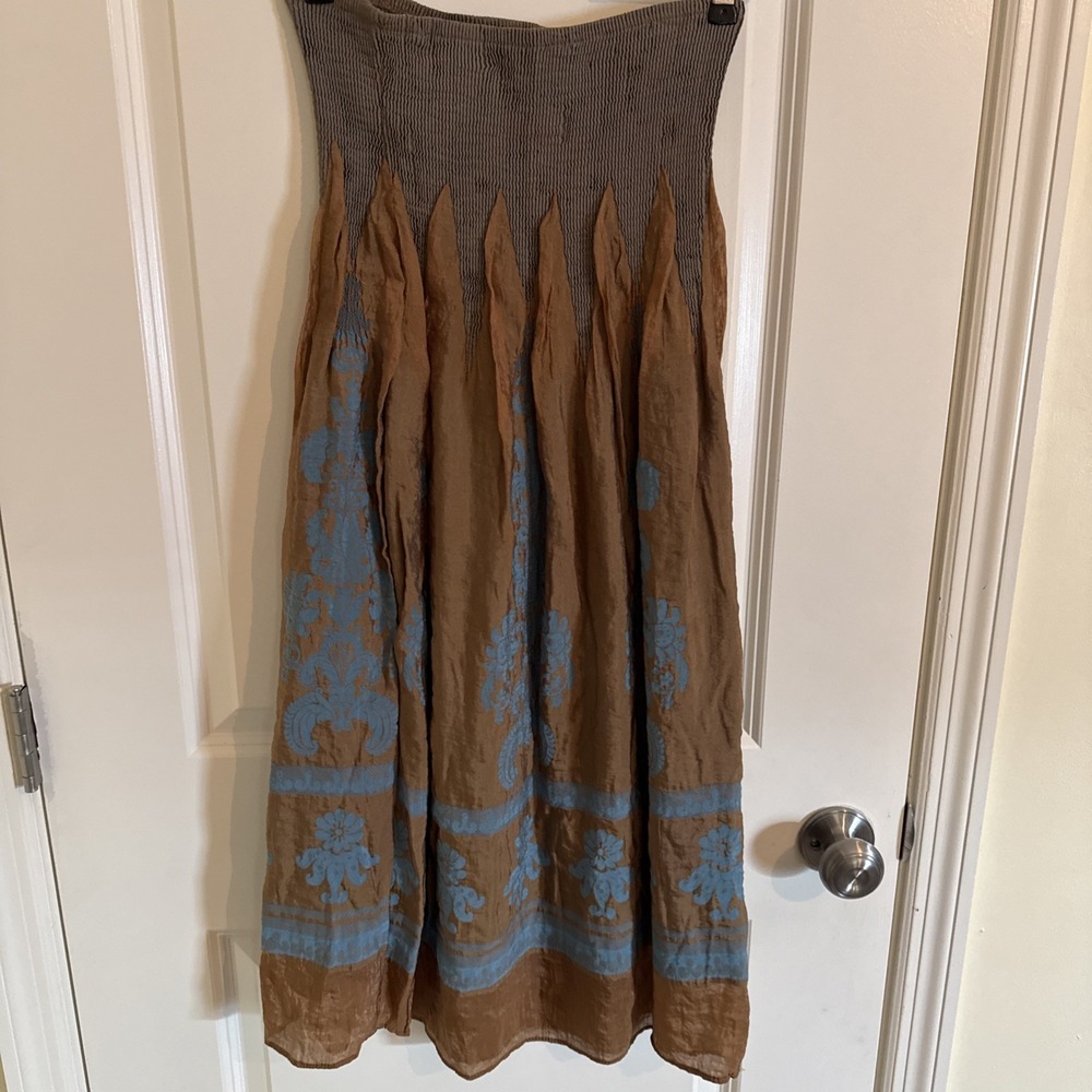 Lapis Strapless Midi Dress Convertible Skirt One Size Copper & Teal Artsy Boho - Picture 4 of 9